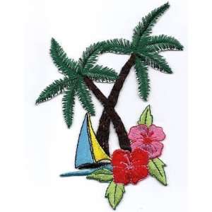  Iron On Applique Tropical Palm Trees w/Flowers & Boat 