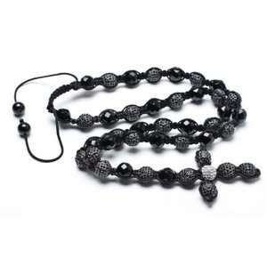   Swarovski Crystal Pave Faceted Black Onyx Balls Cross Necklace 12mm